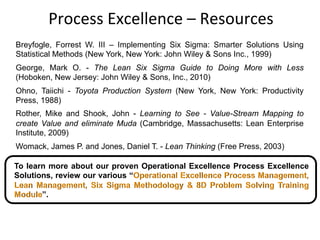 Process	
  Excellence	
  –	
  Resources	
  
Breyfogle, Forrest W. III – Implementing Six Sigma: Smarter Solutions Using
Statistical Methods (New York, New York: John Wiley & Sons Inc., 1999)
George, Mark O. - The Lean Six Sigma Guide to Doing More with Less
(Hoboken, New Jersey: John Wiley & Sons, Inc., 2010)
Ohno, Taiichi - Toyota Production System (New York, New York: Productivity
Press, 1988)
Rother, Mike and Shook, John - Learning to See - Value-Stream Mapping to
create Value and eliminate Muda (Cambridge, Massachusetts: Lean Enterprise
Institute, 2009)
Womack, James P. and Jones, Daniel T. - Lean Thinking (Free Press, 2003)
To learn more about our proven Operational Excellence Process Excellence
Solutions, review our various “Operational Excellence Process Management,
Lean Management, Six Sigma Methodology & 8D Problem Solving Training
Module”.
 