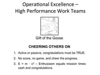 Opera+onal	
  Excellence	
  –	
  	
  
High	
  Performance	
  Work	
  Teams	
  
Gift of the Goose
CHEERING OTHERS ON
1.  Active or passive, congratulations must be TRUE.
2.  No score, no game, and cheer the progress.
3.  E = m · c2 – Enthusiasm equals mission times
cash and congratulations.
 