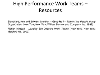High	
  Performance	
  Work	
  Teams	
  –	
  
Resources	
  
Blanchard, Ken and Bowles, Sheldon – Gung Ho ! – Turn on the People in any
Organization (New York, New York: William Morrow and Company, Inc. 1998)
Fisher, Kimball – Leading Self-Directed Work Teams (New York, New York:
McGraw-Hill, 2000)
 