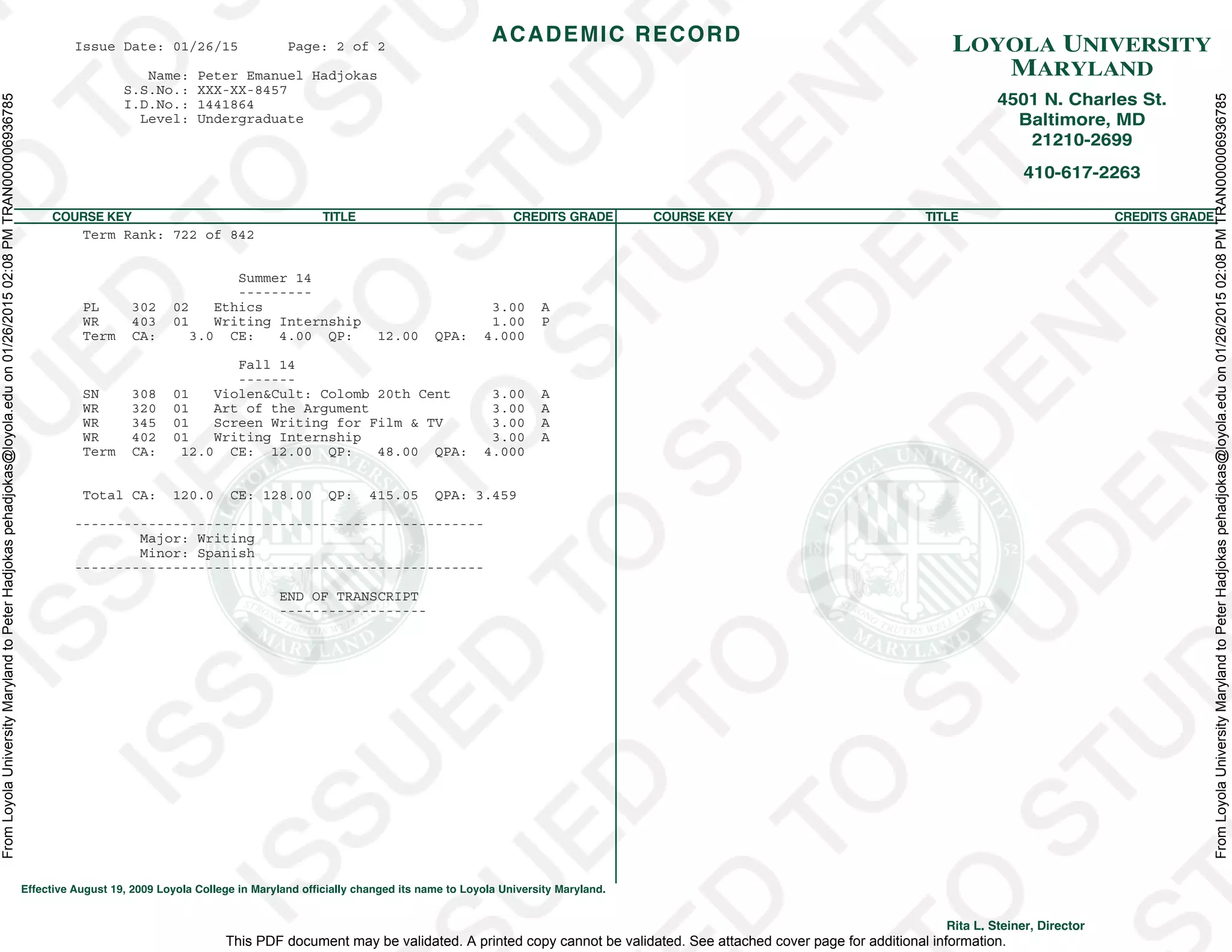 This PDF document may be validated. A printed copy cannot be validated. See attached cover page for additional information.
FromLoyolaUniversityMarylandtoPeterHadjokaspehadjokas@loyola.eduon01/26/201502:08PMTRAN000006936785
FromLoyolaUniversityMarylandtoPeterHadjokaspehadjokas@loyola.eduon01/26/201502:08PMTRAN000006936785
Issue Date: 01/26/15 Page: 2 of 2
Name: Peter Emanuel Hadjokas
S.S.No.: XXX-XX-8457
I.D.No.: 1441864
Level: Undergraduate
Term Rank: 722 of 842
Summer 14
---------
PL 302 02 Ethics 3.00 A
WR 403 01 Writing Internship 1.00 P
Term CA: 3.0 CE: 4.00 QP: 12.00 QPA: 4.000
Fall 14
-------
SN 308 01 Violen&Cult: Colomb 20th Cent 3.00 A
WR 320 01 Art of the Argument 3.00 A
WR 345 01 Screen Writing for Film & TV 3.00 A
WR 402 01 Writing Internship 3.00 A
Term CA: 12.0 CE: 12.00 QP: 48.00 QPA: 4.000
Total CA: 120.0 CE: 128.00 QP: 415.05 QPA: 3.459
--------------------------------------------------
Major: Writing
Minor: Spanish
--------------------------------------------------
END OF TRANSCRIPT
------------------
 