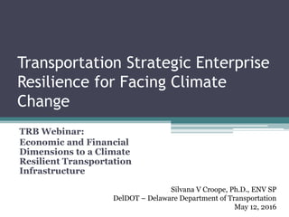Transportation Strategic Enterprise
Resilience for Facing Climate
Change
TRB Webinar:
Economic and Financial
Dimensions to a Climate
Resilient Transportation
Infrastructure
Silvana V Croope, Ph.D., ENV SP
DelDOT – Delaware Department of Transportation
May 12, 2016
 