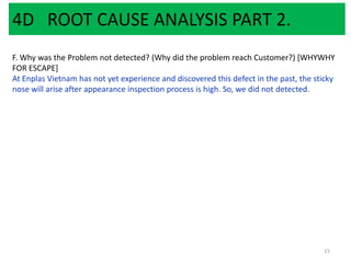 4D ROOT CAUSE ANALYSIS PART 2.
F. Why was the Problem not detected? (Why did the problem reach Customer?) [WHYWHY
FOR ESCAPE]
At Enplas Vietnam has not yet experience and discovered this defect in the past, the sticky
nose will arise after appearance inspection process is high. So, we did not detected.
15
 