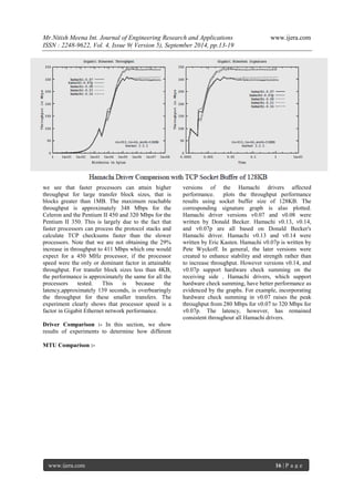 Mr.Nitish Meena Int. Journal of Engineering Research and Applications www.ijera.com 
ISSN : 2248-9622, Vol. 4, Issue 9( Version 5), September 2014, pp.13-19 
www.ijera.com 16 | P a g e 
we see that faster processors can attain higher throughput for large transfer block sizes, that is blocks greater than 1MB. The maximum reachable throughput is approximately 348 Mbps for the Celeron and the Pentium II 450 and 320 Mbps for the Pentium II 350. This is largely due to the fact that faster processors can process the protocol stacks and calculate TCP checksums faster than the slower processors. Note that we are not obtaining the 29% increase in throughput to 411 Mbps which one would expect for a 450 MHz processor, if the processor speed were the only or dominant factor in attainable throughput. For transfer block sizes less than 4KB, the performance is approximately the same for all the processors tested. This is because the latency,approximately 139 seconds, is overbearingly the throughput for these smaller transfers. The experiment clearly shows that processor speed is a factor in Gigabit Ethernet network performance. 
Driver Comparison :- In this section, we show results of experiments to determine how different versions of the Hamachi drivers affected performance. plots the throughput performance results using socket buffer size of 128KB. The corresponding signature graph is also plotted. Hamachi driver versions v0.07 and v0.08 were written by Donald Becker. Hamachi v0.13, v0.14, and v0.07p are all based on Donald Becker's Hamachi driver. Hamachi v0.13 and v0.14 were written by Eric Kasten. Hamachi v0.07p is written by Pete Wyckoff. In general, the later versions were created to enhance stability and strength rather than to increase throughput. However versions v0.14, and v0.07p support hardware check summing on the receiving side . Hamachi drivers, which support hardware check summing, have better performance as evidenced by the graphs. For example, incorporating hardware check summing in v0.07 raises the peak throughput from 280 Mbps for v0.07 to 320 Mbps for v0.07p. The latency, however, has remained consistent throughout all Hamachi drivers. MTU Comparison :-  