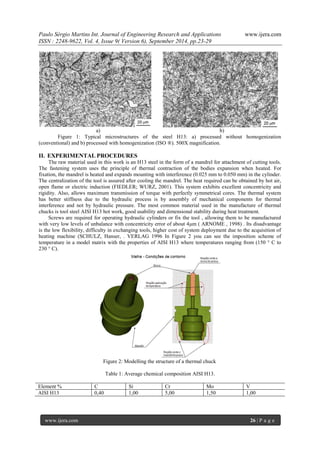 Paulo Sérgio Martins Int. Journal of Engineering Research and Applications www.ijera.com 
ISSN : 2248-9622, Vol. 4, Issue 9( Version 6), September 2014, pp.23-29 
www.ijera.com 26 | P a g e 
a) b) 
Figure 1: Typical microstructures of the steel H13: a) processed without homogenization 
(conventional) and b) processed with homogenization (ISO ®). 500X magnification. 
II. EXPERIMENTAL PROCEDURES 
The raw material used in this work is an H13 steel in the form of a mandrel for attachment of cutting tools. 
The fastening system uses the principle of thermal contraction of the bodies expansion when heated. For 
fixation, the mandrel is heated and expands mounting with interference (0.025 mm to 0.050 mm) in the cylinder. 
The centralization of the tool is assured after cooling the mandrel. The heat required can be obtained by hot air, 
open flame or electric induction (FIEDLER; WURZ, 2001). This system exhibits excellent concentricity and 
rigidity. Also, allows maximum transmission of torque with perfectly symmetrical cores. The thermal system 
has better stiffness due to the hydraulic process is by assembly of mechanical components for thermal 
interference and not by hydraulic pressure. The most common material used in the manufacture of thermal 
chucks is tool steel AISI H13 hot work, good usability and dimensional stability during heat treatment. 
Screws are required for operating hydraulic cylinders or fix the tool , allowing them to be manufactured 
with very low levels of unbalance with concentricity error of about 4μm ( ARNOME , 1998) . Its disadvantage 
is the low flexibility, difficulty in exchanging tools, higher cost of system deployment due to the acquisition of 
heating machine (SCHULZ, Hanser, . VERLAG 1996 In Figure 2 you can see the imposition scheme of 
temperature in a model matrix with the properties of AISI H13 where temperatures ranging from (150 ° C to 
230 ° C). 
Figure 2: Modelling the structure of a thermal chuck 
Table 1: Average chemical composition AISI H13. 
Element % C Si Cr Mo V 
AISI H13 0,40 1,00 5,00 1,50 1,00 
 