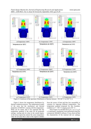 Paulo Sérgio Martins Int. Journal of Engineering Research and Applications www.ijera.com 
ISSN : 2248-9622, Vol. 4, Issue 9( Version 6), September 2014, pp.23-29 
www.ijera.com 28 | P a g e 
a)Temperature 160ºC 
b) Temperature 170ºC 
c)Temperature 180ºC 
d) Temperature 190ºC 
e) Temperature 200ºC 
f) Temperature 210ºC 
g) Temperature 210ºC 
h) Temperature 220ºC 
i) Temperature 230ºC 
Figure 4: Conditions of the specimen: Distribution of thermal stresses: - Dt 160 º C to 230 º C.A 
Figure 4 shows the temperature distribution by thermal conduction process. The mathematical model of the array has the mechanical and thermal properties of AISI H13, varying with the temperature. What can be noted, and it was expected that the temperature gradient is the same for all proposals settings, varying only its value in the central region, in the lower region has almost the same temperature value for all cases this is due to this region is farther from the source of heat and thus less susceptible to variation by imposing different temperatures. The temperature gradient proposed for this boundary condition is T = 150 ° C ranging up to 230 ° C. 
Since Figure 4 is divided into (a, b, c, d, e, f, g, h e i) maximum, simulations were performed using the commercial ABAQUS software. It was observed that the characteristic of the material did not undergo  