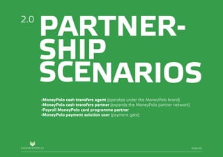 PAGE/06
PARTNER-
SHIP
SCENARIOS
-MoneyPolo cash transfers agent (operates under the MoneyPolo brand)
-MoneyPolo cash transfers partner (expands the MoneyPolo partner network)
-Payroll MoneyPolo card programme partner
-MoneyPolo payment solution user (payment gate)
2.0
PAGE/05
 