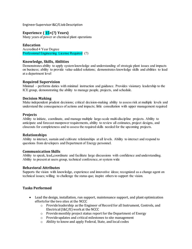 Engineering Supervisor Job Description PDF