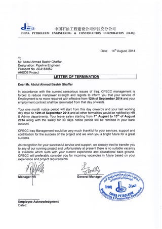 Termination Letter and Expereince Certificate of Mr. Abdul Ahmad Bashir Ghaffar,Pipeline Engineer