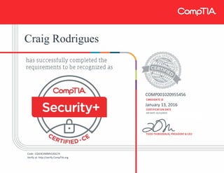 Craig Rodrigues
COMP001020955456
January 13, 2016
EXP DATE: 01/13/2019
Code: 1QJE4C4MMH14SG74
Verify at: http://verify.CompTIA.org
 