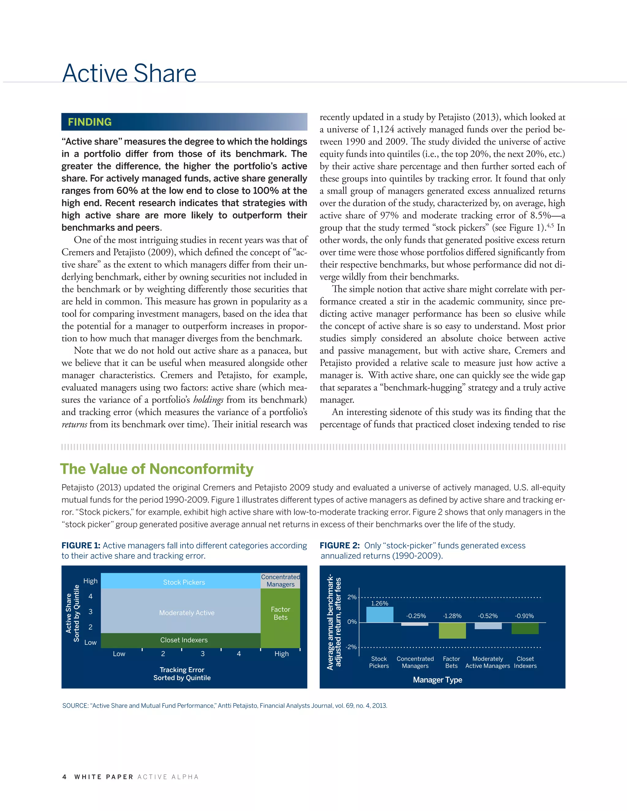 4 W H I T E P A P E R A C T I V E A L P H A
Active Share
“Active share” measures the degree to which the holdings
in a portfolio differ from those of its benchmark. The
greater the difference, the higher the portfolio’s active
share. For actively managed funds, active share generally
ranges from 60% at the low end to close to 100% at the
high end. Recent research indicates that strategies with
high active share are more likely to outperform their
benchmarks and peers.
One of the most intriguing studies in recent years was that of
Cremers and Petajisto (2009), which defined the concept of “ac-
tive share” as the extent to which managers differ from their un-
derlying benchmark, either by owning securities not included in
the benchmark or by weighting differently those securities that
are held in common. This measure has grown in popularity as a
tool for comparing investment managers, based on the idea that
the potential for a manager to outperform increases in propor-
tion to how much that manager diverges from the benchmark.
Note that we do not hold out active share as a panacea, but
we believe that it can be useful when measured alongside other
manager characteristics. Cremers and Petajisto, for example,
evaluated managers using two factors: active share (which mea-
sures the variance of a portfolio’s holdings from its benchmark)
and tracking error (which measures the variance of a portfolio’s
returns from its benchmark over time). Their initial research was
recently updated in a study by Petajisto (2013), which looked at
a universe of 1,124 actively managed funds over the period be-
tween 1990 and 2009. The study divided the universe of active
equity funds into quintiles (i.e., the top 20%, the next 20%, etc.)
by their active share percentage and then further sorted each of
these groups into quintiles by tracking error. It found that only
a small group of managers generated excess annualized returns
over the duration of the study, characterized by, on average, high
active share of 97% and moderate tracking error of 8.5%—a
group that the study termed “stock pickers” (see Figure 1).4,5
In
other words, the only funds that generated positive excess return
over time were those whose portfolios differed significantly from
their respective benchmarks, but whose performance did not di-
verge wildly from their benchmarks.
The simple notion that active share might correlate with per-
formance created a stir in the academic community, since pre-
dicting active manager performance has been so elusive while
the concept of active share is so easy to understand. Most prior
studies simply considered an absolute choice between active
and passive management, but with active share, Cremers and
Petajisto provided a relative scale to measure just how active a
manager is. With active share, one can quickly see the wide gap
that separates a “benchmark-hugging” strategy and a truly active
manager.
An interesting sidenote of this study was its finding that the
percentage of funds that practiced closet indexing tended to rise
FINDING
Petajisto (2013) updated the original Cremers and Petajisto 2009 study and evaluated a universe of actively managed, U.S. all-equity
mutual funds for the period 1990-2009. Figure 1 illustrates different types of active managers as defined by active share and tracking er-
ror.“Stock pickers,” for example, exhibit high active share with low-to-moderate tracking error. Figure 2 shows that only managers in the
“stock picker” group generated positive average annual net returns in excess of their benchmarks over the life of the study.
The Value of Nonconformity
FIGURE 1: Active managers fall into different categories according
to their active share and tracking error.
Averageannualbenchmark-
adjustedreturn,afterfees
Manager Type
Stock
Pickers
1.26%
-0.25% -1.28% -0.52% -0.91%
Concentrated
Managers
Factor
Bets
Moderately
Active Managers
Closet
Indexers
0%
-2%
2%
FIGURE 2: Only “stock-picker” funds generated excess
annualized returns (1990-2009).
SOURCE: “Active Share and Mutual Fund Performance,”Antti Petajisto, Financial Analysts Journal, vol. 69, no. 4, 2013.
Stock Pickers
Moderately Active
Factor
Bets
Closet Indexers
ActiveShare
SortedbyQuintile
Tracking Error
Sorted by Quintile
Low 2 3 4 High
Concentrated
Managers
High
4
3
2
Low
 