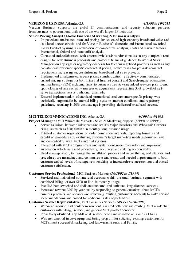 gregory redden resume pricing and business analyst