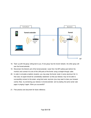 Page 13 of 13
18. Team up with the group sitting next to you. If one group has the funnet network, the other group will
own the funnet-extender.
19. Disconnect the Internet port of the funnet-extender router from the ISP (yellow jack behind the
monitor) and connect it to one of the LAN ports of the funnet using a straight through cable.
20. In order to simulate a realistic situation, you may wrap the funnet router in some aluminum foil. In
that case, its signal should be considerably weakened so that your devices may not be able to
successfully connect to the server using that router anymore (you may need to clear your browser
cache). Now, try connecting your devices to funnet-extender and try loading the same server web
page or pinging it again. Were you successful?
21. Free practice and document for future reference.
Family Room Basement
ISP
funnetfunnet-extender
Internet
Port
Internet
Port
LAN
Port
 