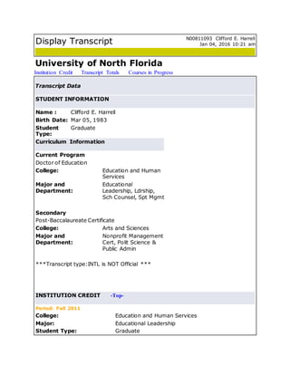 Display Transcript N00811093 Clifford E. Harrell
Jan 04, 2016 10:21 am
University of North Florida
Institution Credit Transcript Totals Courses in Progress
Transcript Data
STUDENT INFORMATION
Name : Clifford E. Harrell
Birth Date: Mar 05, 1983
Student
Type:
Graduate
Curriculum Information
Current Program
Doctor of Education
College: Education and Human
Services
Major and
Department:
Educational
Leadership, Ldrship,
Sch Counsel, Spt Mgmt
Secondary
Post-Baccalaureate Certificate
College: Arts and Sciences
Major and
Department:
Nonprofit Management
Cert, Polit Science &
Public Admin
***Transcript type:INTL is NOT Official ***
INSTITUTION CREDIT -Top-
Period: Fall 2011
College: Education and Human Services
Major: Educational Leadership
Student Type: Graduate
 