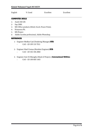 Khaled Mohamed Nageb HUSSEIN
English V. Good Excellent Excellent
COMPUTER SKILLS
1- AutoCAD 2D.
2- Sap 2000.
3- MS Office products (Word, Excel, Power Point).
4- Primavera P6.
5- MS Project
6- Adobe Acrobat professional, Adobe Photoshop.
REFERENCES
1- Engineer Medhat Gad (Tendering Manager) ECG
- Cell: +20 109 110 7011
2- Engineer Wael Gomaa (Resident Engineer) ECG
- Cell: +20 102 106 2860
3- Engineer Amr El-Maraghy (Head of Projects ) International Utilities
- Cell: +20 100 669 1443
Page 6 of 6
 