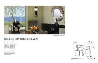 CASE STUDY HOUSE SEVEN
This project was a digital
recreation using Thorton Abell’s
Case Study House located in Los
Angeles, CA. The home was
completed in July, 1948. This
home features two bedrooms,
two baths, and an abundance
of outdoor living space. The
patio has large overhangs that
cast shadows on the interior
spaces and can be seen in the
axonometric views.
Perspective at Family Room
-
-
-
-
0' 4' 8' 16' 32'
32’16’8’0’ 4’
Patio
Family
Bath
Kitchen
Car Port
Den
Bath
Storage
Dining
1 Floor Plan
 