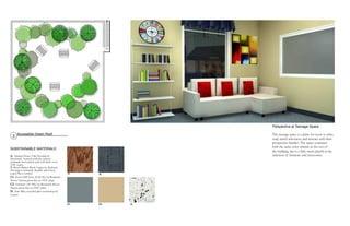 A. Adriana Honey Oak Flooring by
Mowhawk. Sourced with the strictest
standards and stained with with little or no
VOC stains.
B. Brook Basket Block Carpet by Mohawk
Flooring is extremely durable and Green
Label Plus Certified
C1. Stone Cliff Gray (2122-20), by Benjamin
Moore Natura green line no VOC paint
C2. Oatstraw (AF-385), by Benjamin Moore
Natura green line no VOC paint.
D. Artic Blue, recycled glass countertop by
Curava
SUBSTAINABLE MATERIALS
Perspective at Teenage Space
The teenage space is a place for teens to relax,
read, watch television, and interact with their
prospective families. The space continues
with the same color scheme as the rest of
the building, but is a little more playful in the
selection of furniture and accessories.
DN
A. B.
D.C1. C2.
2 Accessible Green Roof
 