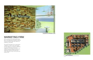 MARKETING FIRM
This is recreation of an earlier project using
Revit. The original file was created in AutoCad
and was inserted into Revit and scaled to be
rendered as a 3D model.
The goal for this project was to create private
workspaces as well as to have open seating
areas for employees to sit down to collaborate
on projects. The office also promotes
healthy living by providing a gym with cardio
equipment. All private offices, the break
room, collaborative spaces, and the gym have
exterior views.
1 Plan Perspective
Perspective at Reception Desk
Lobby
Conference
Breakroom
Training
Gym
Office Office
Office
Office
Workstations
Collaboration
Collaboration
Men Women
 