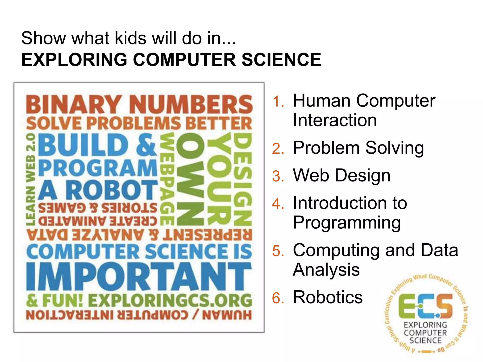 1. Human Computer
Interaction
2. Problem Solving
3. Web Design
4. Introduction to
Programming
5. Computing and Data
Analysis
6. Robotics
Show what kids will do in...
EXPLORING COMPUTER SCIENCE
 