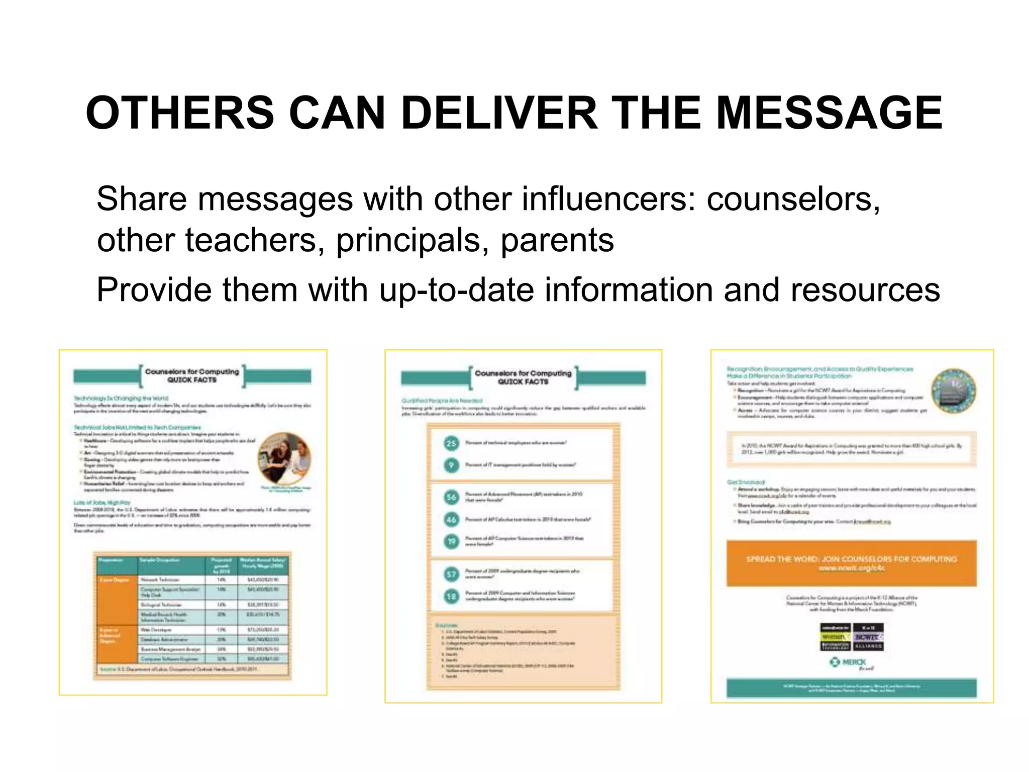 OTHERS CAN DELIVER THE MESSAGE
Share messages with other influencers: counselors,
other teachers, principals, parents
Provide them with up-to-date information and resources
 