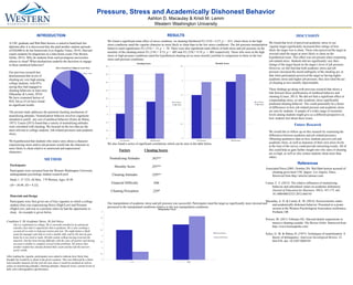 Pressure, Stress and Academically Dishonest Behavior
Ashton D. Macaulay & Kristi M. Lemm
Western Washington University
METHOD
Participants
Participants were recruited from the Western Washington University
undergraduate psychology student research pool.
Study 1: N =233, 44 Men, 179 Women, Ages 18-50
(M = 20.98, SD = 4.22).
Materials and Design
Participants were first given one of four vignettes in which a college
student (Jim) was experiencing Stress (High/Low) and Pressure
(High/Low), and was in a position where he had the opportunity to
cheat. An example is given below.
Condition 3: Hi Academic Stress, Hi Job Stress
Jim is a sophomore in college. He is currently enrolled in an advanced
calculus class that is required for him to graduate. He is also working a
second job in order to help pay tuition and rent. The night before a Math
exam his manager asks him to work a double shift, and by the time he gets
home he is too tired to study. He falls asleep without having reviewed the
material. Jim has been having difficulty with the class all quarter and during
an exam is unable to complete several of the problems. He notices that
another student has already finished their exam and has left the answers
easily visible.
After reading the vignette, participants were asked to indicate how likely they
thought Jim would be to cheat in the given scenario. This was followed by a three-
item morality measure (If Jim took the note sheet it would be justified) as well as
scales on neutralizing attitudes, cheating attitudes, financial worry, current levels of
debt, and a demographics questionnaire.
DISCUSSION
We found that level of perceived academic stress in our
vignette target significantly increased their ratings of how
likely the target was to cheat. Those who perceived the target as
stressed rated the target as more likely to cheat on the
hypothetical exam. This effect was not present when examining
job-related stress. Students did not significantly vary their
ratings of the target based on the target’s level of job pressure.
However, we did find that both academic stress and job
pressure increased the moral ambiguity of the cheating act, in
that when participants perceived the target as having higher
academic stress and higher job pressure, they also rated the act
of cheating as less morally objectionable.
These findings go along with previous research that shows a
link between these justifications of unethical behavior and
cheating (Curasi, 2013). We did not find a significant effect of
compounding stress, as only academic stress significantly
predicted cheating behavior. This could potentially be a factor
of differences in how job-related pressure and academic stress
are seen by students. A sample of a wider range of economic
levels among students might give us a different perspective on
how students feel about these issues.
INTRODUCTION
A USC graduate and Wal-Mart heiress is asked to hand back her
diploma after it is discovered that she paid another student upwards
of $20,000 to do her homework (Los Angeles Times, 2014). Harvard
expels students for plagiarism on a take-home exam (The Boston
Globe, 2013). Why do students from such prestigious universities
choose to cheat? What mechanisms underlie the decisions to engage
in these unethical behaviors?
The present study addresses the potential cheating mechanism of
neutralizing attitudes. Neutralization behavior involves cognitions
intended to justify any sort of unethical behavior (Sykes & Matza,
1957). Curasi (2013) found that a variety of neutralizing attitudes
were correlated with cheating. We focused on the two that are the
most relevant to college students: Job-related pressures and academic
stress.
We hypothesized that students who read a story about a character
experiencing stress and/or job pressure would rate the character as
more likely to cheat relative to unstressed and unpressured
characters.
References
Associated Press (2005, October 20). Wal-Mart heiress accused of
cheating gives back USC degree. Los Angeles Times.
Retrieved from http://articles.latimes.com/
Curasi, C. F. (2013). The relative influences of neutralizing
behavior and subcultural values on academic dishonesty.
Journal of Education for Buisiness, 88(3), 167-175. doi:
10.1080/08832323.2012.668145
Macaulay, A. D. & Lemm, K. M. (2014). Socioeconomic status
and academically dishonest behavior. Presented in a poster
session at the Western Psychological Association conference,
Portland, OR
Powers, M. (2013, February 02). Harvard details suspensions in
massive cheating scandal. The Boston Globe. Retrieved from
http://www.bostonglobe.com/
Sykes, G. M. & Matza, D. (1957). Techniques of neutralization. A
theory of delinquency. American Sociological Review, 22,
664-670. doi: 10.2307/2089195
Future Research
We would like to follow up on this research by examining the
differences between academic and job related pressures.
Obtaining qualitative data on how students perceive job and
academic stress, as well as measures of their own stress levels
at the time of the survey could provide interesting results. All of
this could help us gain further insight into why rates of cheating
are so high, as well as why certain students cheat more than
others.
RESULTS
We found a significant main effect of stress condition on cheating likelihood F(1,219) = 6.27, p = .013, where those in the high
stress conditions rated the vignette character as more likely to cheat than in the low stress conditions. The Job pressure manipulation
failed to reach significance F(1,219) = .15, p = .70. There were also significant main effects of both stress and job pressure on the
morality of the cheating action F(1,219) = 8.23, p = .005 and F(1,219) = 9.19, p = .003 respectively. Those who were in the high
stress or high pressure conditions rated the hypothetical cheating act as more morally justified in comparison to those in the low
stress and pressure conditions.
Our manipulation of academic stress and job pressure was successful. Participants rated the target as significantly more stressed and
pressured in the manipulated conditions relative to the non manipulation conditions.
4
4.5
5
5.5
6
6.5
7
7.5
8
Low High
Manipulation Check
Perceived Stress
Perceived Pressure
Have Cheated in College at Least Once
Yes NoOur previous research has
demonstrated that levels of
cheating are very high among
college students, with 85%
saying they had engaged in
cheating behaviors at least once
(Macaulay & Lemm, 2014).
We have examined factors of
SES, but as of yet have found
no significant results.
We also found a series of significant correlations which can be seen in the table below.
3.7
3.8
3.9
4
4.1
4.2
4.3
4.4
4.5
4.6
Low Pressure High Pressure
Cheating Scores
Low Stress
High Stress
0
0.5
1
1.5
2
2.5
Low Pressure High Pressure
Morality Scores
Low Stress
High Stress
Factors
Neutralizing Attitudes
Morality Score
Cheating Attitudes
Financial Difficulty
Cheating Perception
Cheating Scores
.363**
.297**
.329**
.046
.229*
 