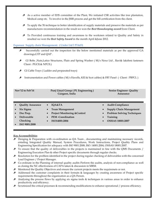  As a active member of EHS committee of the Plant, We initiated CSR activities like tree plantation,
Medical camp etc. To involve in the JMR process and get the bill certification from the client.
 To apply the 5S technique to better identification of supply materials and preserve the materials as per
manufactures recommendation in the result we won the Best Housekeeping award from Client.
 To Provided continuous training and awareness to the workmen related to Quality and Safety in
resulted we won the Best Safety Award in the month April &June 2012.
Exposure Supply chain Management: ( Under L&T PT&D)
 Successfully carried out the inspection for the below mentioned materials as per the approved GA
drawings,GTP and QAP .
 GI Bolts ,Nuts,Latice Structures, Plain and Spring Washer ( M/s Nexo Ltd , Ravi& lakshmi fasteners
Client : PGCIL& NPCIL)
 GI Cable Trays ( Ladder and proparated trays)
 Instrumentation and Power cables ( M/s Havells, KEI & Scot cables) & FBT Panel ( Client : PBPCL )
Nov’12 to Feb’14 Punj Lloyd Group ( PL Engineering )
Gurgaon, India
Senior Engineer- Quality
Assurance
• Quality Assurance • IQA&TA • Audit-Compliance
• Six Sigma
• Doc Prep.
• Deliverable
Checking
• ISO 9001:2008
• Team Management
• Project Monitoring &Control
• PEM -Coordination
• ISO14001:2004
• Supply Chain Management
• Problem Solving Techniques
• Training
• OSHAS 18001:2007
Key Accounatbilities
 Desiging & Preparation with co-ordination as QA Team , documenting and maintaining necessary records,
entailing Integrated Quality Manual, System Procedures, Work Instructions, Project Quality Plans and
Engineering Specification for adequacy with ISO 9001:2008, ISO: 14001:2004, OHSAS 18001:2007.
 To ensure that the quality of deliverables in the projects is maintained in line with the QMS Documents /
Engineering Execution Plan & other Project specific documents through regular checks.
 Resolution for the problem identified in the project during regular checking of deliverables with the concerned
Lead Engineer / Project Manager.
 Co-ordinate in the Planning of internal quality audits Perform the audits, analysis of non-compliance as well
as closing the NC effectiveness of CAPA taken & discussion in MRM.
 Monitored the Quality Objectives and ensure the current projects meets the requiremets or not.
 Addressed the customer complaints in their formats & languages by creating awareness of Project specific
requirements throughout the organization as a QA Person.
 Analysing the process flows by applying six sigma tools & techniques in various areas in order to enhance
productivity and efficiency.
 Scrutinized the critical processes & recommending modifications to enhance operational / process efficiency.
 