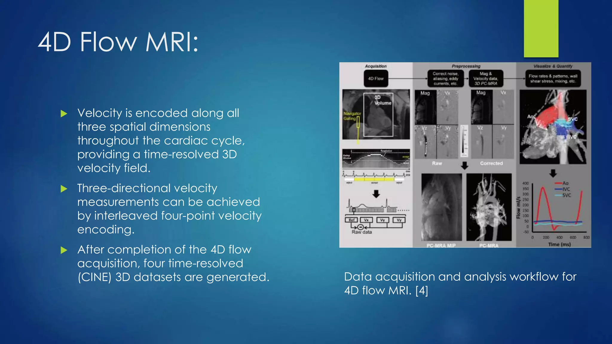 4D Flow MRI:
 Velocity is encoded along all
three spatial dimensions
throughout the cardiac cycle,
providing a time-resolved 3D
velocity field.
 Three-directional velocity
measurements can be achieved
by interleaved four-point velocity
encoding.
 After completion of the 4D flow
acquisition, four time-resolved
(CINE) 3D datasets are generated. Data acquisition and analysis workflow for
4D flow MRI. [4]
 