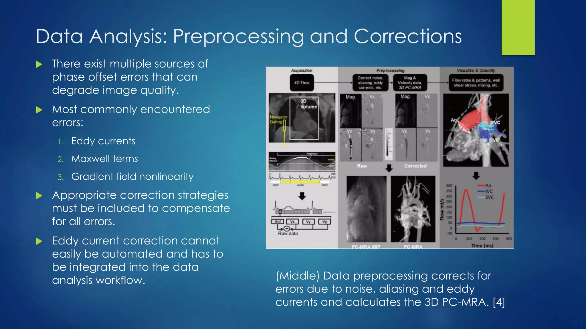 Data Analysis: Preprocessing and Corrections
 There exist multiple sources of
phase offset errors that can
degrade image quality.
 Most commonly encountered
errors:
1. Eddy currents
2. Maxwell terms
3. Gradient field nonlinearity
 Appropriate correction strategies
must be included to compensate
for all errors.
 Eddy current correction cannot
easily be automated and has to
be integrated into the data
analysis workflow. (Middle) Data preprocessing corrects for
errors due to noise, aliasing and eddy
currents and calculates the 3D PC-MRA. [4]
 