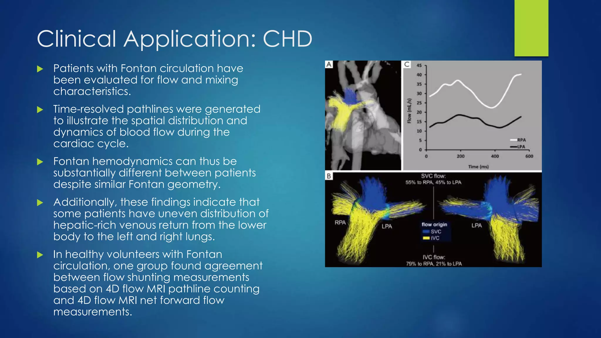 Clinical Application: CHD
 Patients with Fontan circulation have
been evaluated for flow and mixing
characteristics.
 Time-resolved pathlines were generated
to illustrate the spatial distribution and
dynamics of blood flow during the
cardiac cycle.
 Fontan hemodynamics can thus be
substantially different between patients
despite similar Fontan geometry.
 Additionally, these findings indicate that
some patients have uneven distribution of
hepatic-rich venous return from the lower
body to the left and right lungs.
 In healthy volunteers with Fontan
circulation, one group found agreement
between flow shunting measurements
based on 4D flow MRI pathline counting
and 4D flow MRI net forward flow
measurements.
 