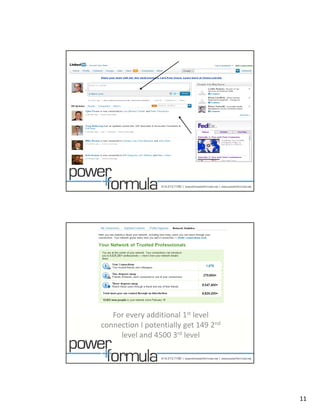 For every additional 1st level
   For every additional 1 level 
connection I potentially get 149 2nd
     level and 4500 3rd level




                                       11
 