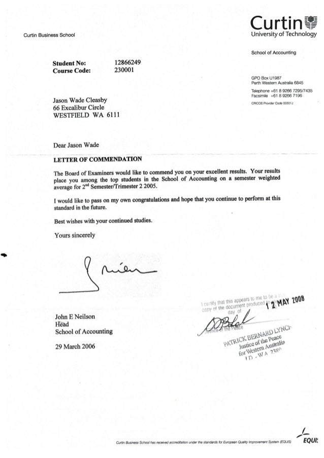 curtin letter of commendation sem 2 sample commendation letter