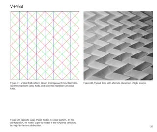 35
V-Pleat
Figure 30, opposite page. Paper folded in v-pleat pattern. In this
configuration, the folded paper is flexible in the horizontal direction,
but rigid in the vertical direction.
Figure 31. V-pleat fold pattern. Green lines represent mountain folds,
red lines represent valley folds, and blue lines represent universal
folds.
Figure 32. V-pleat folds with alternate placement of light source.
 