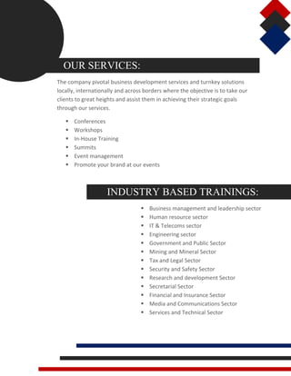 OUR SERVICES:
The company pivotal business development services and turnkey solutions
locally, internationally and across borders where the objective is to take our
clients to great heights and assist them in achieving their strategic goals
through our services.
 Conferences
 Workshops
 In-House Training
 Summits
 Event management
 Promote your brand at our events
INDUSTRY BASED TRAININGS:
 Business management and leadership sector
 Human resource sector
 IT & Telecoms sector
 Engineering sector
 Government and Public Sector
 Mining and Mineral Sector
 Tax and Legal Sector
 Security and Safety Sector
 Research and development Sector
 Secretarial Sector
 Financial and Insurance Sector
 Media and Communications Sector
 Services and Technical Sector
 