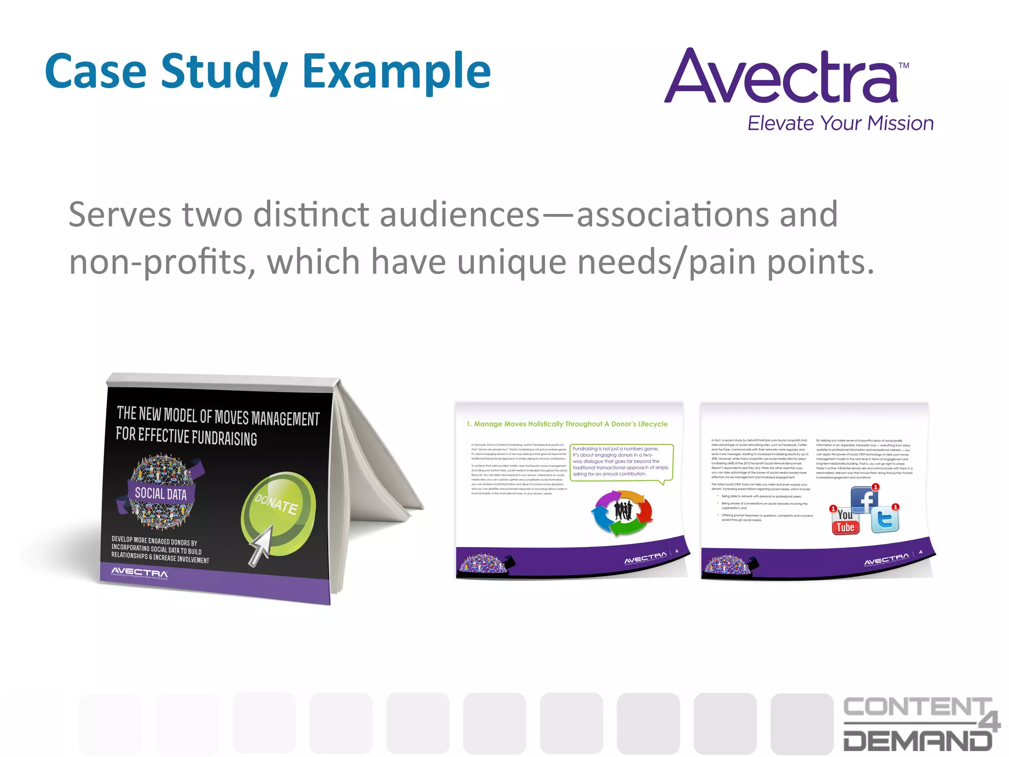 Case	
  Study	
  Example	
  

 Serves	
  two	
  dis:nct	
  audiences—associa:ons	
  and	
  
 non-­‐proﬁts,	
  which	
  have	
  unique	
  needs/pain	
  points.	
  	
  
 
