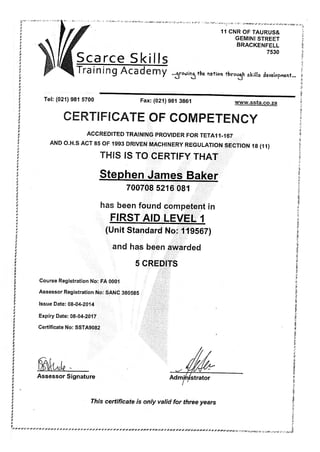 Stephen First Aid certificate