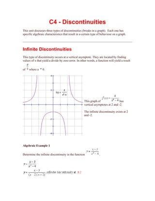 C4 - Discontinuities
This unit discusses three types of discontinuities (breaks in a graph). Each one has
specific algebraic characteristics that result in a certain type of behaviour on a graph.




Infinite Discontinuities
This type of discontinuity occurs at a vertical asymptote. They are located by finding
values of x that yield a divide by zero error. In other words, a function will yield a result

of   where a     0.




                                                     This graph of                 has
                                                     vertical asymptotes at 2 and -2.

                                                     The infinite discontinuity exists at 2
                                                     and -2.




Algebraic Example 1

Determine the infinite discontinuity in the function              .
 