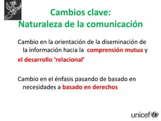 Información Educación ComunicaciónEnfoque en los medios de comunicación y los mensajesLa audienciacomo ‘receptorespasivos’ de la diseminación de  la informaciónInsumos de la audiencia y retroalimentaciónnecesariapara el diseño de campañasComunicaciónpara el cambio de comportamiento / mercadeo socialEnfoque en el conocimiento, actitud y prácticasindividualesLas comunidadesdefinen y aportansoluciones. (Mezcla de enfoques: incidencia, movilización social,  cambiosocial y de comportamientos)Comunicaciónpara el cambiosocial  y de  comportamientos/ C4DEnfoque en individuos, partesinteresadas, redessociales