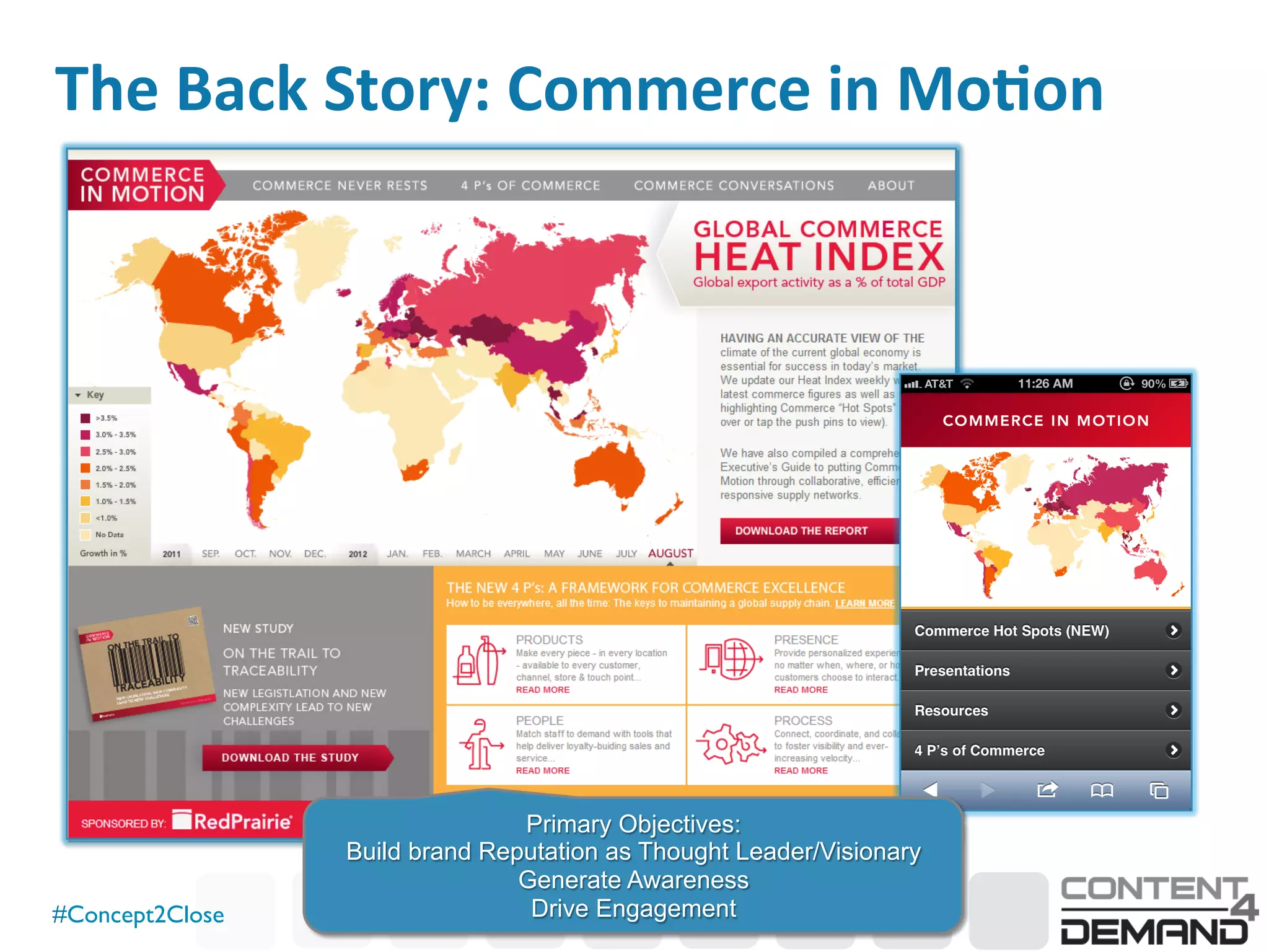 #Concept2Close	

The	
  Back	
  Story:	
  Commerce	
  in	
  Mo7on	
  
Primary Objectives:
Build brand Reputation as Thought Leader/Visionary
Generate Awareness
Drive Engagement
 