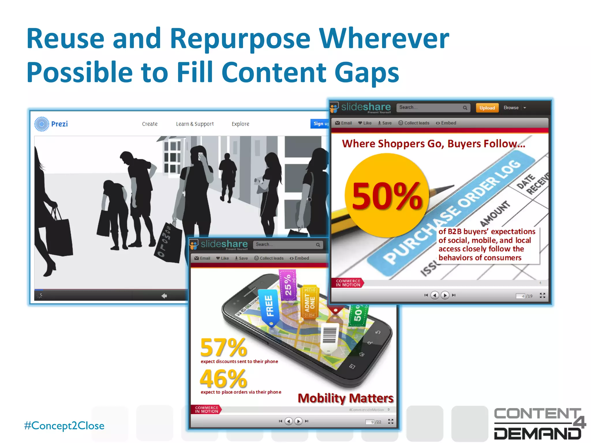 #Concept2Close	

Reuse	
  and	
  Repurpose	
  Wherever	
  
Possible	
  to	
  Fill	
  Content	
  Gaps	
  
 