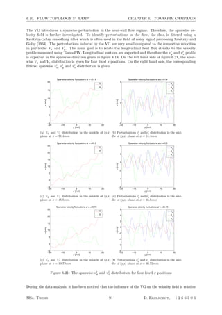 6.10. FLOW TOPOLOGY 5◦
RAMP CHAPTER 6. TOMO-PIV CAMPAIGN
The VG introduces a spanwise perturbation in the near-wall ﬂow regime. Therefore, the spanwise ve-
locity ﬁeld is further investigated. To identify perturbations in the ﬂow, the data is ﬁltered using a
Savitzky-Golay smoothing ﬁlter which is often used in the ﬁeld of noisy signal processing Savitzky and
Golay [1964]. The perturbations induced by the VG are very small compared to the convective velocities
in particular Vx and Vy. The main goal is to relate the longitudinal heat ﬂux streaks to the velocity
proﬁle measured using Tomo-PIV. Longitudinal vortices are expected and therefore the v
y and v
z proﬁle
is expected in the spanwise direction given in ﬁgure 4.18. On the left hand side of ﬁgure 6.21, the span-
wise Vy and Vz distribution is given for four ﬁxed x positions. On the right hand side, the corresponding
ﬁltered spanwise v
x, v
y and v
z distribution is given.
−20 −10 0 10 20
−5
0
5
10
15
20
Spanwise velocity fluctuations at x =51.4
y [mm]
v[m/s]
V
y
V
z
(a) Vy and Vz distribution in the middle of (y,z)
plane at x = 51.4mm
−20 −10 0 10 20
−5
0
5
Spanwise velocity fluctuations at x =51.4
y [mm]
v[m/s]
v
x
v
y
vz
(b) Perturbations v
y and v
z distribution in the mid-
dle of (y,z) plane at x = 51.4mm
−20 −10 0 10 20
−5
0
5
10
15
20
25
Spanwise velocity fluctuations at x =45.5
y [mm]
v[m/s]
V
y
V
z
(c) Vy and Vz distribution in the middle of (y,z)
plane at x = 45.5mm
−20 −10 0 10 20
−6
−4
−2
0
2
4
Spanwise velocity fluctuations at x =45.5
y [mm]
v[m/s]
v
x
v
y
vz
(d) Perturbations v
y and v
z distribution in the mid-
dle of (y,z) plane at x = 45.5mm
−20 −10 0 10 20
−5
0
5
10
15
20
25
Spanwise velocity fluctuations at x =30.72
y [mm]
v[m/s]
V
y
V
z
(e) Vy and Vz distribution in the middle of (y,z)
plane at x = 30.72mm
−20 −10 0 10 20
−8
−6
−4
−2
0
2
4
6
Spanwise velocity fluctuations at x =30.72
y [mm]
v[m/s]
v
x
v
y
vz
(f) Perturbations v
y and v
z distribution in the mid-
dle of (y,z) plane at x = 30.72mm
Figure 6.21: The spanwise v
y and v
z distribution for four ﬁxed x positions
During the data analysis, it has been noticed that the inﬂuence of the VG on the velocity ﬁeld is relative
MSc. Thesis 91 D. Ekelschot, 1 2 6 6 3 0 6
 