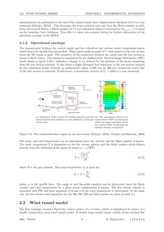2.2. WIND TUNNEL MODEL CHAPTER 2. EXPERIMENTAL APPARATUS
measurements are performed at the end of the conical nozzle and a displacement thickness of 11 mm was
measured [Schrijer, 2010a]. This decreases the cross sectional area and thus the Mach number as well.
From 1D inviscid theory a Mach number of 7.7 was calculated which is corrected to M∞,cor = 7.5 based
on the boundary layer thickness. This eﬀect is taken into account during the further elaboration of the
operation envelope of the HTFD.
2.1.3 Operational envelope
The discontinuity between the conical nozzle and the cylindrical test section causes compression waves
which limits the useable free stream ﬂow. These waves make an angle of 7◦
with respect to the test section
when the M7 nozzle is used. This geometry of the connection between the nozzle and the test section is
shown in ﬁgure 2.3(a). The window is represented by the dashed circle. Particle Image Velocimetry (PIV)
result shown in ﬁgure 2.3(b), indicates a change in Vy induced by the presence of the shock emanating
from the test section junction. It also shows a slight divergent ﬂow behaviour in the test section induced
by the cylindrical nozzle. Overall, an undisturbed region of 200 mm by 200 mm around the center line
of the test section is observed. Furthermore, a streamwise velocity of Vx = 1033 m/s was measured.
V
Boundary layer
measurement
Free stream
measurement
Outline of
optical access
Shock from nozzle-
test section junction
Static pressure
oriﬁces
Total head
pressure probes
Bottom optical access
Figure 5. Overview of the nozzle and test section including the measurement locations
0 0.2 0.4 0.6 0.8 1 1.2
0
0.5
1
1.5
2
2.5
3
V/V
!
y/
95
Measured
Polynomial fit
Figure 6. Boundary layer proﬁle at the end of the conical Mach 7 nozzle
IV. Free stream assessment
When the ﬂow enters the test section it keeps diverging due to the conical nozzle. Therefore, the Mach
number in the test section will be higher than obtained from the theoretical area relation. For the Mach 7
nozzle the theoretical Mach number in the test section is M∞,theory = 7.7 after correcting for the boundary
layer displacement thickness this is M∞,cor = 7.5. The local Mach number variation due to the conical ﬂow
ﬁeld in the center of the test section may be calculated by:
dM
dx
=
2M

1 + γ−1
2 M2

M2 − 1
tan φ
r
(9)
Where φ is the nozzle half angle and r is the test section radius. For M = 7.5 and φ = 7o
, dM
dx = 0.023 cm−1
.
The test section radius is obtained from the Mach area-ratio relation:
A
A∗
=
1
M

1 + γ−1
2 M2
γ+1
2
 γ+1
2(γ−1)
(10)
For a typical model having a length of L = 10 cm a ∆M = 0.23 results.
Since the test section has a cylindrical shape, a shock wave is formed at the nozzle test-section junction
(ﬁgure 5). For M = 6.7 (Mach number at the location of the nozzle test-section junction) and a compression
angle of φ = 7o
a shock with an angle of θ = 14o
with respect to the free stream is formed, the shock angle
with respect to the test section wall is 7o
.
6 of 14
American Institute of Aeronautics and Astronautics
(a) Geometry of the nozzle test section junction and the
induced shock wave inﬂuence on the uniformity of the test
section ﬂow
Geometrical cross section
 A
A∗

geo = 104.1
Theoretical Mach number Mtheory = 7
Corrected cross section
 A
A∗

cor = 85.8
Corrected Mach number Mcor = 6.7
Unit Reynolds number Re/m = 16.2 × 106
m−1
95% boundary layer thickness δ95 = 13 mm
Displacement thickness δ∗
= 11 mm
Momentum loss thickness θ = 0.63 mm
Shape parameter H = 18
Table 4. Boundary layer parameters for the Mach 7 nozzle ﬂow
In ﬁgure 7 an overview of the vertical component of the free stream ﬂow ﬁeld in the test section is shown.
In order to visualize the junction shock the camera was oriented under a large angle with respect to the
illuminated plane requiring a stereo PIV setup. The free stream part of the ﬂow was measured using PIV
at the location shown in ﬁgure 5.
The black circle in ﬁgure 7 shows the outline of the windows. By plotting the vertical velocity component
the junction shocks are clearly visualized. The shock at the bottom has an angle of 9o
while the angle at the
top is 10o
. The diﬀerence in shock angle between the upper and lower part of the test section is the presence
of a considerably larger cavity at the top accommodating for the model support system. It is conceived
that the large cavity has a considerable eﬀect on the ﬂow causing a larger shock angle. However it has no
inﬂuence on the free stream ﬂow, in the center of the test section a region of 200 × 200 mm2
of undisturbed
ﬂow is guaranteed.
x [mm]
Y[mm]
-100 -50 0 50
-150
-100
-50
0
50
100
150
100
80
60
40
20
0
-20
-40
-60
-80
-100
v [m/s]
Figure 7. Vertical velocity component of the free stream
ﬂow for the Mach 7 nozzle
−80 −60 −40 −20 0 20 40 60 80
−100
−50
0
50
100
v [m/s]
y[mm]
Measured
Theoretical
Figure 8. Flow divergence in the test section, vertical ve-
locity gradient is shown
The ﬂow divergence caused by the conical nozzle is also clearly measured. A proﬁle of the vertical ﬂow
component in the center of the test section is plotted in ﬁgure 8. The vertical component varies from −60
to +60 m/s over a distance of 200 mm. This complies well with the theoretical divergence corresponding to
a total opening angle of 14o
indicated in ﬁgure 8.
7 of 14
American Institute of Aeronautics and Astronautics
(b) The streamlines plotted ob-
tained from a PIV measurement
where the upper and lower shock
are clearly visible by plotting the
vertical velocity component
Figure 2.3: The undisturbed ﬂow region in the test section [Schrijer, 2010a, Schrijer and Bannink, 2008]
The static and total temperature can be determined since the velocity and the Mach number is known.
The static temperature T is dependent on the free stream velocity and the Mach number which follows
directly from the deﬁnition of the speed of sound (a =
√
γRT).
T =

|V |
M
2
γR
(2.12)
where R is the gas constant. The total temperature Tt is given by:
Tt = T +
|V |
2cp
(2.13)
where cp is the speciﬁc heat. The range of unit Reynolds numbers can be determined since the Mach
number and total temperature for a given nozzle conﬁguration is known. The free stream velocity is
measured with PIV and from equations 2.12 and 2.13 the total temperature is determined. In the same
way, the free stream total quantities for the M6, M8, M9 and M10 nozzles are given in table 2.1 .
2.2 Wind tunnel model
The ﬂow topology around a ﬂap-body control surface of a re-entry vehicle is reproduced by means of a
double compression ramp wind tunnel model. A double ramp model consist usually of two inclined ﬂat
MSc. Thesis 8 D. Ekelschot, 1 2 6 6 3 0 6
 