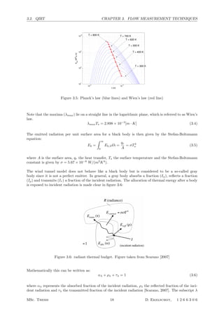 3.2. QIRT CHAPTER 3. FLOW MEASUREMENT TECHNIQUES
10
−6
10
−5
10
7
10
8
10
9
10
10
λ [m]
Ebλ
[W
2
/µm]
T = 800 K T = 700 K
T = 600 K
T = 500 K
T = 400 K
T = 300 K
Figure 3.5: Planck’s law (blue lines) and Wien’s law (red line)
Note that the maxima (λmax) lie on a straight line in the logarithmic plane, which is referred to as Wien’s
law.
λmaxTs = 2.898 × 10−3
[m · K] (3.4)
The emitted radiation per unit surface area for a black body is then given by the Stefan-Boltzmann
equation:
Eb =
 ∞
0
Eb,λdλ =
qr
A
= σT4
s (3.5)
where A is the surface area, qr the heat transfer, Ts the surface temperature and the Stefan-Boltzmann
constant is given by σ = 5.67 × 10−8
W/(m2
K4
).
The wind tunnel model does not behave like a black body but is considered to be a so-called gray
body since it is not a perfect emitter. In general, a gray body absorbs a fraction (Iα), reﬂects a fraction
(Iρ) and transmits (Iτ ) a fraction of the incident radiation. The allocation of thermal energy after a body
is exposed to incident radiation is made clear in ﬁgure 3.6:
!
Figure 36 - Directional emissivity for non-
conductors
Figure 37 - Directional emissivity for conductors
When applying the gray-body hypothesis, the average emissivity for the wavelength band
where the bulk of radiation is emitted is used. Since this wavelength band changes with
temperature also the gray-body emissivity will change with surface temperature.
10.2.3Radiant thermal budget
Any object immersed in an environment exchanges energy with the surroundings through
radiation. The object receives energy by means of incident radiation . This incident radiation
can interact with the body in three ways.
Figure 38 - Radiant thermal budget
First a part of the energy is absorbed, absorption:
#$% ,
where is the absorption coefficient.
Secondly the radiation can be transferred through the object, transmission:
#'($) ,
where is the transmission coefficient.
Finally the incident radiation can be reflected, reflection:
#(*+, ,
where is the reflection coefficient.
Due to conservation of energy the incident radiation must either be reflected, transmitted or
absorbed resulting in the equality:
Figure 3.6: radiant thermal budget. Figure taken from Scarano [2007]
Mathematically this can be written as:
αλ + ρλ + τλ = 1 (3.6)
where αλ represents the absorbed fraction of the incident radiation, ρλ the reﬂected fraction of the inci-
dent radiation and τλ the transmitted fraction of the incident radiation [Scarano, 2007]. The subscript λ
MSc. Thesis 18 D. Ekelschot, 1 2 6 6 3 0 6
 