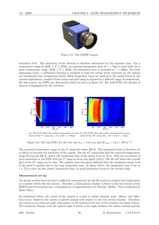 3.2. QIRT CHAPTER 3. FLOW MEASUREMENT TECHNIQUES
Figure 3.7: The CEDIP camera
saturation level. The sensitivity of the detector is therefore determined by the exposure time. For a
temperature range of 323K ≤ T ≤ 473K, an exposure/integration time of τ = 72µs is used while for a
lower temperature range, 253K ≤ T ≤ 323K, the integration time is increased to τ = 340µs. For both
integration times, a calibration function is available so that the energy levels measured by the camera
are transformed into temperature levels. Both integration times are used since the model tested in the
current experiments, consists of two ramps and each ramp is exposed to a diﬀerent range of temperature.
For this reason, two FOVs are determined which are given in ﬁgure 3.8. For both FOVs the domain of
interest is highlighted by the red lines.
(a) The FOV when the surface temperature is mea-
sured of the 5◦ ramp (θ1 = 5◦) with τ = 340µs
(b) The FOV when the surface temperature is mea-
sured of the 45◦ ramp (θ2 = 45◦) with τ = 72µs
Figure 3.8: The two FOVs for the test case hzz = 1.15 mm and Reunit = 14.1 × 106
[m−1
]
The expected temperature range on the 5◦
ramp lies below 320 K. The integration time is therefore set
to 340 µs to increase the sensitivity of the camera. For the 45◦
ramp holds that the expected temperature
range lies beyond 320 K, hence, the integration time of the sensor is set to 72 µs. Note the occurrence of
pixel saturation in the FOV with the 5◦
ramp in focus (see ﬁgure 3.8(a)). On the left hand side a small
part of the 45◦
ramp can be seen. The uniform dark red colour indicates that the maximum energy level
of the pixel is reached due to the long integration time. In ﬁgure 3.8(b), the integration time is set to
τ = 72 µs since for this (lower) integration time, no pixel saturation occurs at the second ramp.
Measurement set-up
An optical window does not have a suﬃcient transmissivity for the IR camera to register the temperature
at a surface within the test section. Therefore, a Germanium window is ﬁtted in the test section of the
HTFD since Germanium has a transmissivity of approximately 0.8 [Schrijer, 2010b]. This is indicated in
ﬁgure 3.9(a).
As mentioned before, the sensor of the camera is cooled to reduce thermal noise. Hence, self reﬂec-
tion occurs whenever the camera is placed normal with respect to the test section window. Therefore,
the camera is set under an angle with respect to the normal of the test section window (see ﬁgure 3.9(a)).
The emissivity changes with the optical angle θ which is the angle between the surface normal and the
MSc. Thesis 20 D. Ekelschot, 1 2 6 6 3 0 6
 