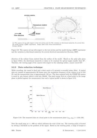 3.2. QIRT CHAPTER 3. FLOW MEASUREMENT TECHNIQUES
(a) The camera set-up with respect to the test section and
the model during a QIRT experiment. Image taken from
Schrijer [2010a]
 = λ
Eb,λ
Eb
dλ (4.6)
Finally Kirchhoﬀ’s law states that the spectral emissivity is equal to the spectral
absorptivity for any speciﬁed temperature and wavelength, λ = αλ.
Since a gray body has a constant spectral emissivity, its total emitted radiation can
Figure 4.2: Gray body radiator [49]
Figure 4.3: Variation of directional
emissivity for several electrical noncon-
ductors [49]
be related to the total radiation emitted by a black body using the Stefan-Boltzmann
equation (4.3)
Eo = σT4
s . (4.7)
55
(b) The variation in directional emissivity for several elec-
trical nonconductors
Figure 3.9: The camera set-up with respect to the test section and the model during a QIRT experiment
and the variation in directional emissivity for several electrical nonconductors [Scarano, 2007]
direction of the radiant beam emitted from the surface of the model. Based on the polar plot given
in ﬁgure 3.9(b), the directional emissivity is taken to be constant for optical angles smaller than 50◦
.
Therefore, the viewing angle of the camera with respect to the radiating surface, cannot exceed 50◦
.
3.2.3 Data reduction technique
While recording, the tunnel is ﬁred and a short movie of 3 seconds is recorded using Altair. A typical
data set consists of approximately 20 frames since the acquisition frequency of the camera is set to 218
Hz and the measurement time is approximately 120 ms. The data acquired with the CEDIP IR camera
is saved in .ptw format which is read into Matlab. The pixel energy level at a ﬁxed point in the image
plane is plotted against the measurement time and a typical proﬁle is shown in ﬁgure 3.10.
400 500 600 700 800 900 1000 1100 1200 1300
2200
2300
2400
2500
2600
2700
2800
t [ms]
E
meas
[W/m
2
]
End of the run
Start of the run
Figure 3.10: The measured data at a local point in the measurement plane (xpix, ypix) = (150, 150)
Note the small jump at t = 800 ms which indicates the start of the run. The starting point is located
by setting a threshold on the gradient of the signal. Based on the starting point, a range of images is
MSc. Thesis 21 D. Ekelschot, 1 2 6 6 3 0 6
 