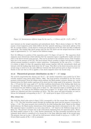 4.1. FLOW TOPOLOGY CHAPTER 4. HYPERSONIC DOUBLE RAMP FLOW
Figure 4.4: Instantaneous schlieren image for the case hzz = 1.15mm and Re = 8.47 × 106
m−1
wave interacts on the merged separation and reattachment shock. This is shown in ﬁgure 4.4. The VG
creates a local stagnation point which deﬂects the ﬂow upwards inducing a weak shock upfront of the
VG. In a similar fashion, a weak shock is created just downstream of the VG where the ﬂow is deﬂected
downwards. The leading edge shock merges with the ﬁrst VG shock and the merged shock has a shock
angle of approximately βl = 14◦
based on the Schlieren images.
Note the diﬀerence in position of the separation point S in ﬁgure 4.3 and 4.4. The separation shock
originates more downstream which indicates that the separated region is signiﬁcantly smaller and more
close to the ﬁrst-to-second ramp junction. This can be ascribed to the turbulent nature of the boundary
layer due to the presence of the VG. The local normal velocity gradient is higher and therefore a higher
adverse pressure gradient is needed to induce separation. Consequently, for the case of hzz = 1.15mm,
it is shown in ﬁgure 4.4 that the separation shock merges together with the reattachment shock and
interacts with the leading edge shock above the 45◦
ramp. This eﬀect on the shock interaction above the
second ramp is noted to be the main diﬀerence between the shock patterns given in ﬁgure 4.3 and 4.4.
Similar to the case that no VG is applied, a bow shock originates above the second ramp.
4.1.4 Theoretical pressure distribution on the 5◦
− 45◦
ramp
The inviscid compressible ﬂow domain over the 5◦
− 45◦
double compression ramp model can be theo-
retically analysed using shock polars [Delery, 1994]. The local pressure normalised by the free stream
pressure is determined. From the oblique shock relations, the Mach number, pressure, density etc. can be
obtained given the Mach number upstream of the shock and the wedge angle of the geometry. Given that
M∞ = 7.5 and the ﬁrst ramp angle is 5◦
, the ﬂow conditions downstream of the leading edge shock can
be calculated. The ﬂow deﬂection induced by the separation bubble (see the blue area in ﬁgure 4.5(a))
is estimated from the Schlieren image given in ﬁgure 4.4. The separated region is modeled as an extra
ramp with θs = 12◦
based on the Schlieren image given in ﬁgure 4.4. In ﬁgure 4.5(a), the diﬀerent ﬂow
regions are indicated and three streamlines are given. The blue, green and pink streamline are used to
discuss the hodograph corresponding to the 5◦
− 45◦
model given in ﬁgure 4.5(b) and 4.5(c).
Blue stream line
The dark blue shock polar given in ﬁgure 4.5(b) corresponds to the free stream ﬂow conditions (M0 =
M∞ = 7.5). The blue streamline passes through the leading edge shock and the pressure is increased to
(p/p0)1 = 1.35. The minor pressure rise is induced by the weak leading edge shock. Based on the oblique
shock relations, the Mach number downstream of the leading edge shock is determined to be M1 = 6.48.
The separated region is modeled as an extra ramp with θs = 12◦
based on the Schlieren image given in
ﬁgure 4.4. The pressure increases due to the weak shock originating from the separation point. Hence,
the Mach number reduces to M2 = 5.09. Further downstream, the blue streamline encounters the reat-
tachment shock which is considered to be strong due to the large deﬂection angle of the second ramp.
The pressure rises up to p/p0 = 120 and the total pressure reduces locally to (pt/pt,0)3 = 1.276 × 10−1
.
A local Mach number of M3 = 1.91 is calculated.
MSc. Thesis 39 D. Ekelschot, 1 2 6 6 3 0 6
 