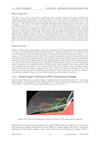 4.1. FLOW TOPOLOGY CHAPTER 4. HYPERSONIC DOUBLE RAMP FLOW
Green stream line
The green stream line encounters the leading edge shock. Further downstream it passes through the
combined separation/reattachment shock from domain 1 to domain 4 which is considered to be a strong
shock based on the argument given in the previous paragraphs. The pressure increases from (p/p0)1 = 10
to (p/p0)5 = 110. This is represented by the light blue shock polar connecting point 1 with point (4, 5).
A deﬂection angle of∆ ϕ1−5 = 40◦
is obtained. The oblique shock relations are then used to obtain
M5 = 1.2. This does not correspond with the value found in the previous paragraph forM4. The blue
stream line experienced multiple weak oblique shocks while the green stream line experienced one weak
and one very strong shock. As a result, the entropy in domain 5 diﬀers from domain 4 causing a locally
diﬀerent Mach number, velocity, temperature and density. Therefore it is expected that a slip line origi-
nates from the point where the separation and reattachment shock interact. Furthermore, the green line
passes through the expansion wave that originates from the shock interaction above the second ramp.
Due to the slip line between domain 4 and 5, a diﬀerent velocity is found in domain 7 compared to domain
6.
Pink stream line
Finally, the pink stream line experiences just one strong shock. In the hodograph, this is represented by
the path at the dark blue shock polar moving from point 1 directly to point (6, 7, 8). This point lies on
the strong solution of the dark blue shock polar. The pressure increases therefore from (p/p0)0 = 1 to
(p/p0)5,6 = 65. The velocity directly behind the bow shock is expected to be lower than near the wall of
the second ramp. The ﬂow passes through a strong (nearly normal) shock which experiences a signiﬁcant
entropy drop while for the ﬂow passing through multiple oblique shocks (see the blue and green stream
line), the entropy loss is signiﬁcantly lower. Therefore the Mach number is higher near the wall (domain
6 and 7) compared to the conditions directly behind the bow shock (domain 8). As a result, another slip
line is present between domain 7 and 8. Assuming the bow shock is nearly normal, the Mach number
directly behind the bow shock is expected to be M8 = 0.39. It is therefore concluded that the ﬂow
downstream of the bow shock is divided into three diﬀerent velocity ﬁelds where the domain nearest to
the wall has the highest velocity. All local Mach numbers are also presented in table 4.1.
4.1.5 Particle Image Velocimetry (PIV) measurement campaign
Particle Image Velocimetry is used to obtain a two dimensional velocity ﬁeld over the 5◦
− 45◦
ramp.
Measurements are performed for three diﬀerent FOVs to increase the spatial resolution of the overall
velocity ﬁeld. A sketch of the three separate FOVs is given in ﬁgure 4.6.
Figure 4.6: Overview of the domain of interest during the PIV measurement campaign
Examples of the raw and processed images for the separate FOVs are given in Appendix A. Using vector
ﬁeld rotation and bilinear interpolation, the three FOVs are merged together such that an overall two
dimensional velocity ﬁeld is obtained. Due to the limited time and the high work intensity of PIV in
MSc. Thesis 41 D. Ekelschot, 1 2 6 6 3 0 6
 