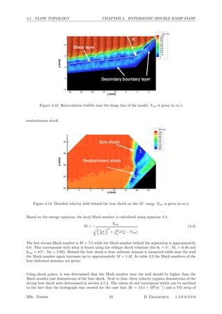 4.1. FLOW TOPOLOGY CHAPTER 4. HYPERSONIC DOUBLE RAMP FLOW
Figure 4.12: Recirculation bubble near the hinge line of the model. Vtot is given in m/s
reattachment shock.
Figure 4.13: Detailed velocity ﬁeld behind the bow shock on the 45◦
ramp. Vtot is given in m/s
Based on the energy equation, the local Mach number is calculated using equation 4.4:
M =
Vtot

V∞
M∞
2
+ γR
2cp
(V 2
∞ − Vtot)
(4.4)
The free stream Mach number is M = 7.5 while the Mach number behind the separation is approximately
6.0. This corresponds with what is found using the oblique shock relations (for θ1 = 5◦
, M1 = 6.48 and
θsep = 8.5◦
, M2 = 5.93). Behind the bow shock a clear subsonic domain is measured while near the wall
the Mach number again increases up to approximately M = 1.42. In table 4.2 the Mach numbers of the
four indicated domains are given:
Using shock polars, it was determined that the Mach number near the wall should be higher than the
Mach number just downstream of the bow shock. Next to that, three velocity regimes downstream of the
strong bow shock were determined in section 4.1.4. The values do not correspond which can be ascribed
to the fact that the hodograph was created for the case that Re = 14.1 × 106
[m−1
] and a VG strip of
MSc. Thesis 45 D. Ekelschot, 1 2 6 6 3 0 6
 