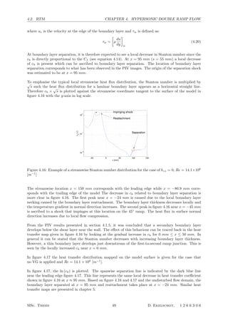 4.2. RTM CHAPTER 4. HYPERSONIC DOUBLE RAMP FLOW
where ue is the velocity at the edge of the boundary layer and τw is deﬁned as:
τw =

µ
du
dy

w
(4.20)
At boundary layer separation, it is therefore expected to see a local decrease in Stanton number since the
ch is directly proportional to the Cf (see equation 4.14). At x = 95 mm (s = 55 mm) a local decrease
of ch is present which can be ascribed to boundary layer separation. The location of boundary layer
separation corresponds to what has been observed in the PIV images. The origin of the separation shock
was estimated to be at x = 95 mm.
To emphasise the typical local streamwise heat ﬂux distribution, the Stanton number is multiplied by√
s such the heat ﬂux distribution for a laminar boundary layer appears as a horizontal straight line.
Therefore ch ×
√
s is plotted against the streamwise coordinate tangent to the surface of the model in
ﬁgure 4.16 with the y-axis in log scale.
−50 0 50 100 150
10
−2
10
−1
10
0
x [mm]
c
h
[−]
Separation
Impinging shock
Reattachment
Figure 4.16: Example of a streamwise Stanton number distribution for the case of hzz = 0, Re = 14.1×106
[m−1
]
The streamwise location x = 150 mm corresponds with the leading edge while x = −80.9 mm corre-
sponds with the trailing edge of the model The decrease in ch related to boundary layer separation is
more clear in ﬁgure 4.16. The ﬁrst peak near x = −24 mm is caused due to the local boundary layer
necking caused by the boundary layer reattachment. The boundary layer thickness decreases locally and
the temperature gradient in normal direction increases. The second peak in ﬁgure 4.16 near x = −45 mm
is ascribed to a shock that impinges at this location on the 45◦
ramp. The heat ﬂux in surface normal
direction increases due to local ﬂow compression.
From the PIV results presented in section 4.1.5, it was concluded that a secondary boundary layer
develops below the shear layer near the wall. The eﬀect of this behaviour can be traced back in the heat
transfer map given in ﬁgure 4.16 by looking at the gradual increase in ch for 0 mm ≤ x ≤ 50 mm. In
general it can be stated that the Stanton number decreases with increasing boundary layer thickness.
However, a thin boundary layer develops just downstream of the ﬁrst-to-second ramp junction. This is
seen by the locally increased ch near x = 0 mm.
In ﬁgure 4.17 the heat transfer distribution mapped on the model surface is given for the case that
no VG is applied and Re = 14.1 × 106
[m−1
].
In ﬁgure 4.17, the ln (ch) is plotted. The spanwise separation line is indicated by the dark blue line
near the leading edge ﬁgure 4.17. This line represents the same local decrease in heat transfer coeﬃcient
shown in ﬁgure 4.16 at x ≈ 95 mm. Based on ﬁgure 4.16 and 4.17 and the undisturbed ﬂow domain, the
boundary layer separated at x = 95 mm and reattachment takes place at x = −24 mm. Similar heat
transfer maps are presented in chapter 5.
MSc. Thesis 49 D. Ekelschot, 1 2 6 6 3 0 6
 