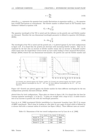4.5. G ¨ORTLER VORTICES CHAPTER 4. HYPERSONIC DOUBLE RAMP FLOW
σ =
∆qr
∆qs
(4.32)
where∆ qs,max represents the spanwise heat transfer ﬂuctuations at separation and∆ qr,max the spanwise
heat transfer ﬂuctuations at reattachment. The G¨ortler number is deﬁned based on the boundary layer
thickness δ deﬁned in equation 4.33:
Gδ = Reδ

δ
R
(4.33)
The spanwise wavelength of the VG is varied and the inﬂuence on the growth rate and G¨ortler number
are discussed. Therefore the non dimensional wavelength parameter is deﬁned in equation 4.34 [Schrijer,
2010b]:
Λ = Reλ

λ
R
(4.34)
The wavelength of the VG is varied and the growth rate, σ is plotted against Gδ for both conﬁgurations
in ﬁgure 4.27. It is found that the growth rate decreases with increasing G¨ortler number. This can be
explained by the fact that an increase in G¨ortler number means also an increase in Reynolds number
which means that the longitudinal vortices break up more easily leading to lower measured ﬂuctuations.
Schrijer [2010b] related the non dimensional wavenumber, the growth rate and the G¨ortler number and
Fig. 7. Typical heat flux map for 15
o
-45
o
model including
= 2 mm element
Fig. 8. Schlieren image of the flow over the 15
o
-45
o
model
including the = 2 mm element
In Figure 7 a typical heat flux map is shown for the 15
o
-45o
model with the 2 mm wavelength elements. Comparing
this map to the heat flux profile for the clean model, it can be seen that the overall flow features such as the double peak at
reattachment are unaltered. However the effect of the comb-shaped element on the flow field is clearly visible in the form of
span-wise oscillations in the heat flux. Directly downstream of the element (y 50 mm in Figure 7) the oscillations are clearly
visible however further downstream the effect decreases. This is due to the increase in boundary layer thickness when
moving downstream and the fact that the fact that the vortices are mainly located in the upper part of the boundary layer. The
effect of the element can also be observed from the schlieren image, see Figure 8. From the visualization it can be seen that
the element only has a limited effect on the flow field (only weak waves are generated by the element) and the overall
features are similar to those observed for the clean model.
Fig. 9. Görtler number versus growth rate for the
15o
-30
o
Fig. 10. Görtler number versus growth rate for the
15configuration o
-45
o
In Figure 9, the results are presented in a Görtler number versus wavelength diagram for the 15
o
-30
o
model and
Figure 10 shows the diagram for the 15
o
-45
o
model. It can be seen that the amplification rates decrease with increasing
Görtler number. And for sufficiently high Görtler numbers even a plateau is reached. This is opposite to the trend found in [5]
and [6], although those experiments reported considerably lower Görtler numbers. A possible explanation for the decrease in
the growth rate can be found in the fact that an increase in Görtler number also means an increase in Reynolds number. For
the higher Reynolds numbers the vortices are broken-up more easily and therefore lower fluctuations are measured.
Furthermore it can be seen that the growth rates measured for the 15
o
-45o
model are considerably larger than for the 15o
-30o
configuration(a) Growth rate plotted against the G¨ortler number
for three diﬀerent wavelengths for the 15◦ − 30◦ con-
ﬁguration
Fig. 7. Typical heat flux map for 15
o
-45
o
model including
= 2 mm element
Fig. 8. Schlieren image of the flow over the 15
o
-45
o
model
including the = 2 mm element
In Figure 7 a typical heat flux map is shown for the 15
o
-45o
model with the 2 mm wavelength elements. Comparing
this map to the heat flux profile for the clean model, it can be seen that the overall flow features such as the double peak at
reattachment are unaltered. However the effect of the comb-shaped element on the flow field is clearly visible in the form of
span-wise oscillations in the heat flux. Directly downstream of the element (y 50 mm in Figure 7) the oscillations are clearly
visible however further downstream the effect decreases. This is due to the increase in boundary layer thickness when
moving downstream and the fact that the fact that the vortices are mainly located in the upper part of the boundary layer. The
effect of the element can also be observed from the schlieren image, see Figure 8. From the visualization it can be seen that
the element only has a limited effect on the flow field (only weak waves are generated by the element) and the overall
features are similar to those observed for the clean model.
Fig. 9. Görtler number versus growth rate for the
15o
-30
o
Fig. 10. Görtler number versus growth rate for the
15configuration o
-45
o
In Figure 9, the results are presented in a Görtler number versus wavelength diagram for the 15
o
-30
o
model and
Figure 10 shows the diagram for the 15
o
-45
o
model. It can be seen that the amplification rates decrease with increasing
Görtler number. And for sufficiently high Görtler numbers even a plateau is reached. This is opposite to the trend found in [5]
and [6], although those experiments reported considerably lower Görtler numbers. A possible explanation for the decrease in
the growth rate can be found in the fact that an increase in Görtler number also means an increase in Reynolds number. For
the higher Reynolds numbers the vortices are broken-up more easily and therefore lower fluctuations are measured.
Furthermore it can be seen that the growth rates measured for the 15
o
-45o
model are considerably larger than for the 15o
-30o
configuration(b) Growth rate plotted against the G¨ortler number
for three diﬀerent wavelengths for the 15◦ − 45◦ con-
ﬁguration
Figure 4.27: Growth rate plotted against the G¨ortler number for three diﬀerent wavelengths for the two
conﬁgurations presently discussed [Schrijer, 2010b]
plotted them for both conﬁgurations. These plots are shown in ﬁgure 4.28. It is found that the lines for
constant spanwise wavelength, λ, in the Gδ − Λ plane are straight with a slope of 3/2. A subtle trend is
seen of an increase in growth rate with the wavelength parameter.
Luca de et al. [1993] investigated G¨ortler instabilities in a hypersonic boundary layer (M=7) by means
of QIRT experiments. This is done by looking at a ﬂat plate at zero angle of attack which is followed by
a concave wall with a constant radius of curvature (see ﬁgure 4.29(a)). Three diﬀerent cases are tested:
Table 4.5: Dimensions of the two tested conﬁgurations test by Luca de et al. [1993]
L1 [mm] L2 [mm] R [mm]
Model A 50 150 2000
Model B 50 120 1000
Model C 100 100 1000
MSc. Thesis 58 D. Ekelschot, 1 2 6 6 3 0 6
 