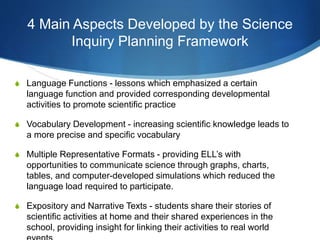 4 Main Aspects Developed by the Science
Inquiry Planning Framework
S Language Functions - lessons which emphasized a certain
language function and provided corresponding developmental
activities to promote scientific practice
S Vocabulary Development - increasing scientific knowledge leads to
a more precise and specific vocabulary
S Multiple Representative Formats - providing ELL’s with
opportunities to communicate science through graphs, charts,
tables, and computer-developed simulations which reduced the
language load required to participate.
S Expository and Narrative Texts - students share their stories of
scientific activities at home and their shared experiences in the
school, providing insight for linking their activities to real world
 