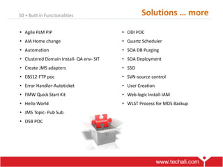 Solutio s … ore
• Agile PLM PIP
• AIA Home change
• Automation
• Clustered Domain Install- QA env- SIT
• Create JMS adapters
• EBS12-FTP poc
• Error Handler-Autoticket
• FMW Quick Start Kit
• Hello World
• JMS Topic- Pub Sub
• OSB POC
• ODI POC
• Quartz Scheduler
• SOA DB Purging
• SOA Deployment
• SSO
• SVN-source control
• User Creation
• Web logic Install-IAM
• WLST Process for MDS Backup
50 + Built in Functionalities
 